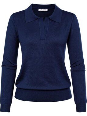 Kate Kasin Women's Navy Blue V Neck Long Sleeve Classic Knitted Polo Sweaters